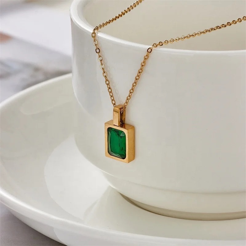 French Style Luxury Delicate Square Green Colorful zircon 18K Gold pendant Necklace